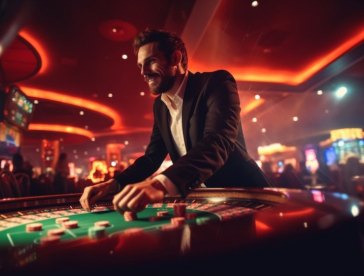 Esports player at desk with gaming setup next to image of casino live dealer table
